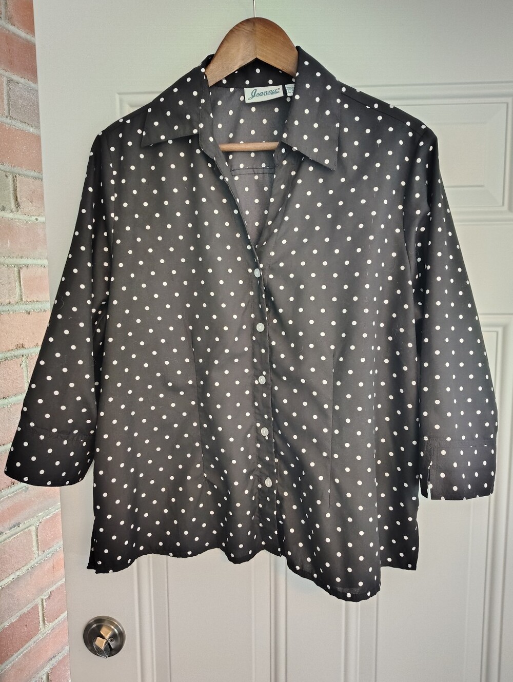 Joanna Vintage Black White Polka Dot Button Down Blouse Shirt Large 3/4 Sleeve